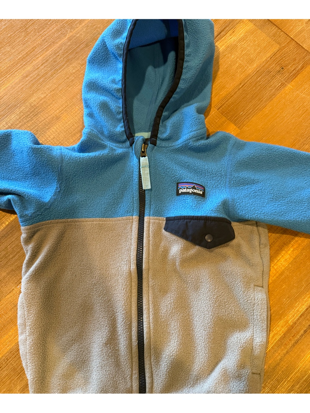Patagonia Blue and Gray Kids Hooded Fleece Jacket